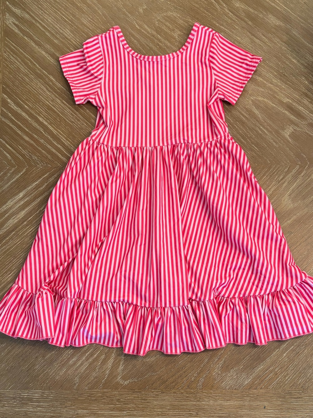 Little Stockings Girlhood Pink and Red Striped Ruffle Hem Dress